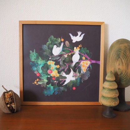 水彩海報 (30cm×30cm) 「杉樹與鳥」