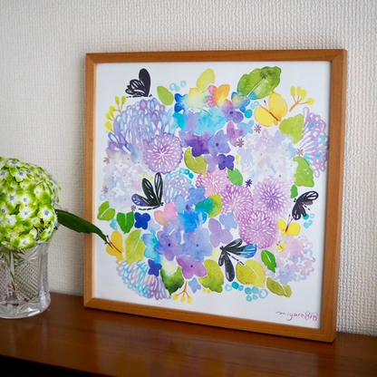 水彩畫海報 (30cm×30cm) 「黑麗翅蜻與繡球花」