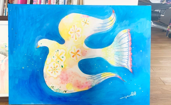 水彩畫手帕，亦可作絲巾「青鳥滿溢」