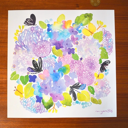 水彩畫海報 (30cm×30cm) 「黑麗翅蜻與繡球花」
