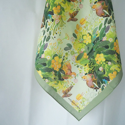 可當絲巾的水彩手帕「新綠與鳥」