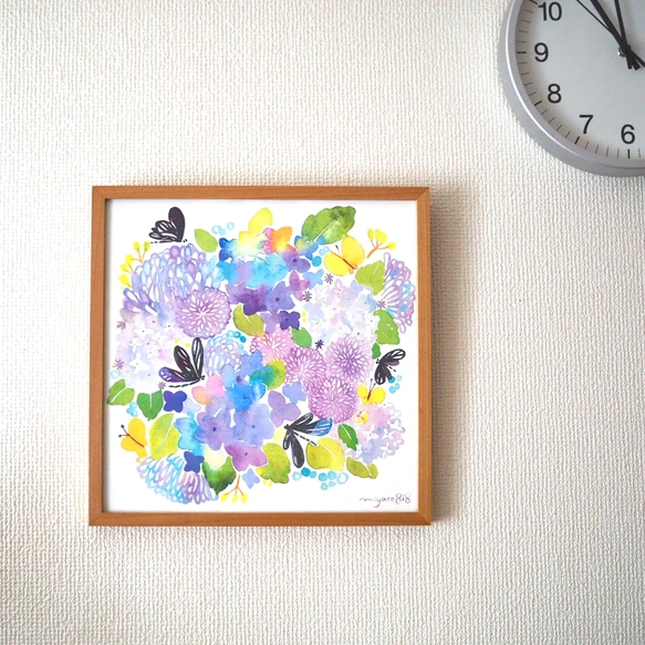 水彩畫海報 (30cm×30cm) 「黑麗翅蜻與繡球花」