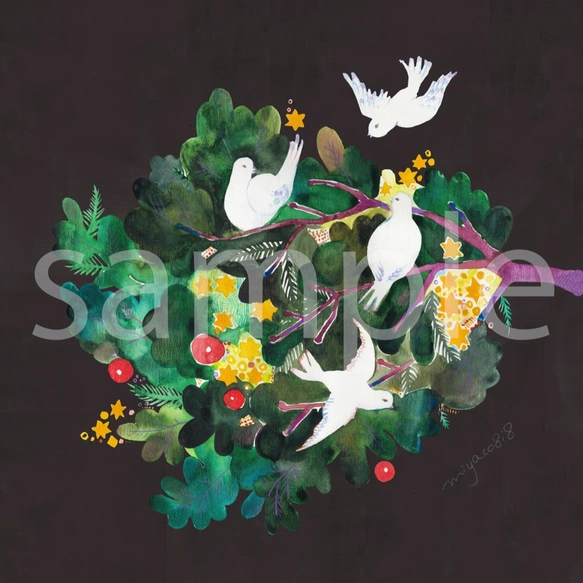 水彩海報 (30cm×30cm) 「杉樹與鳥」