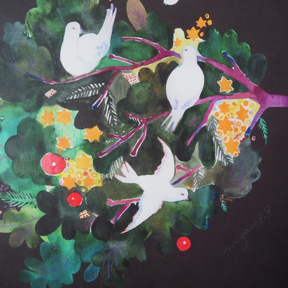 水彩海報 (30cm×30cm) 「杉樹與鳥」