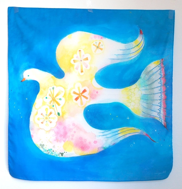 水彩畫手帕，亦可作絲巾「青鳥滿溢」