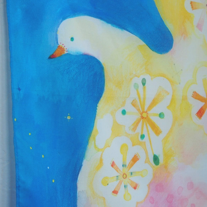 水彩畫手帕，亦可作絲巾「青鳥滿溢」