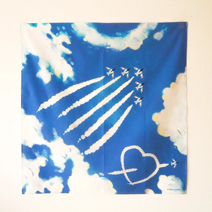 水彩畫手帕「藍色衝擊波」，亦可作絲巾使用