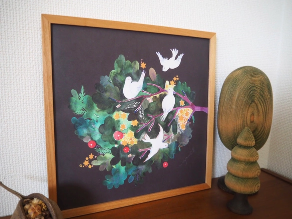 水彩海報 (30cm×30cm) 「杉樹與鳥」