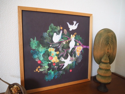 水彩海報 (30cm×30cm) 「杉樹與鳥」