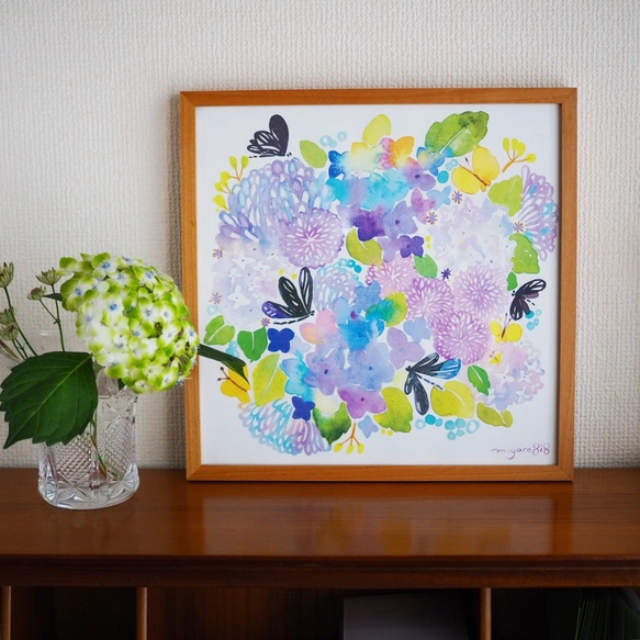 水彩畫海報 (30cm×30cm) 「黑麗翅蜻與繡球花」